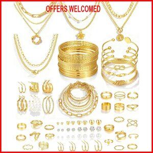 78-Piece Gold Plated Jewelry Set: Necklaces, Bracelets, Earrings, Rings